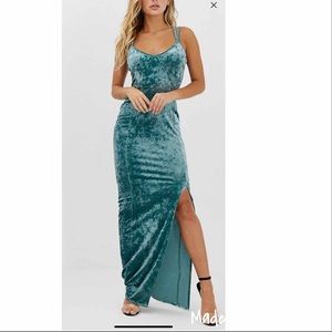 Velvet Maxi Dress With Side Slit - Turquoise